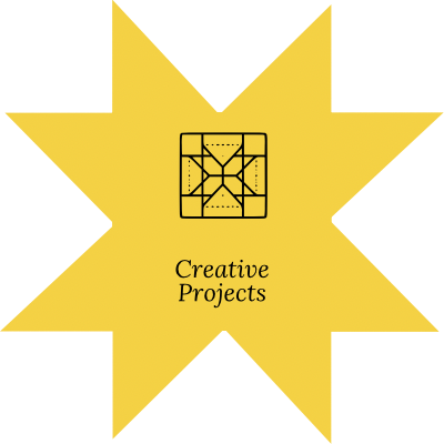 Yellow star with a black geometric design and 'Creative Projects' text on a white background