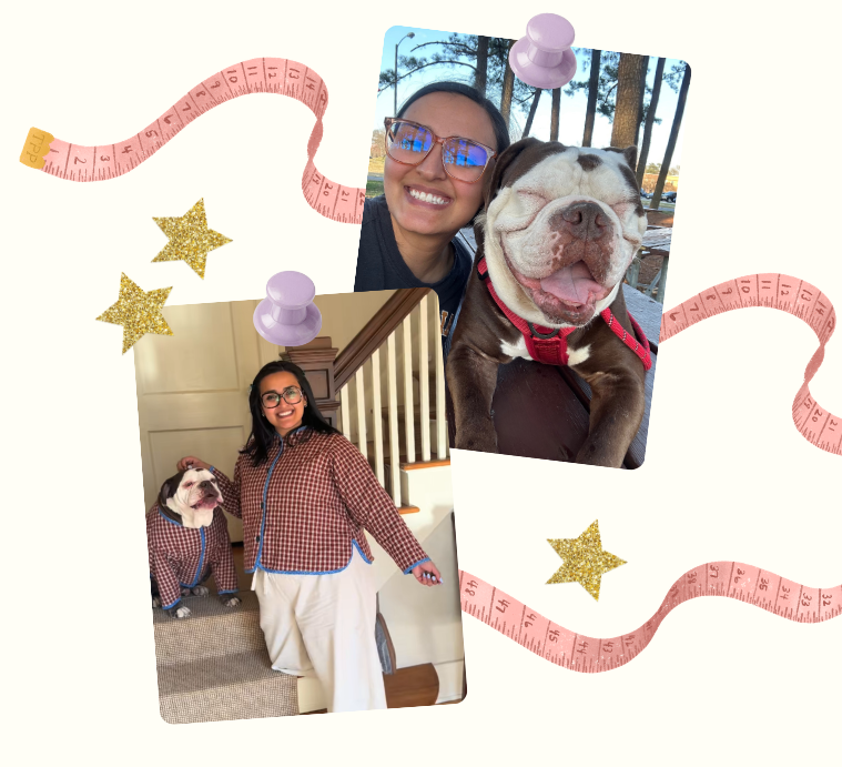Collage of a woman with a dog, decorated with measuring tape behind photos and star stickers on a white background