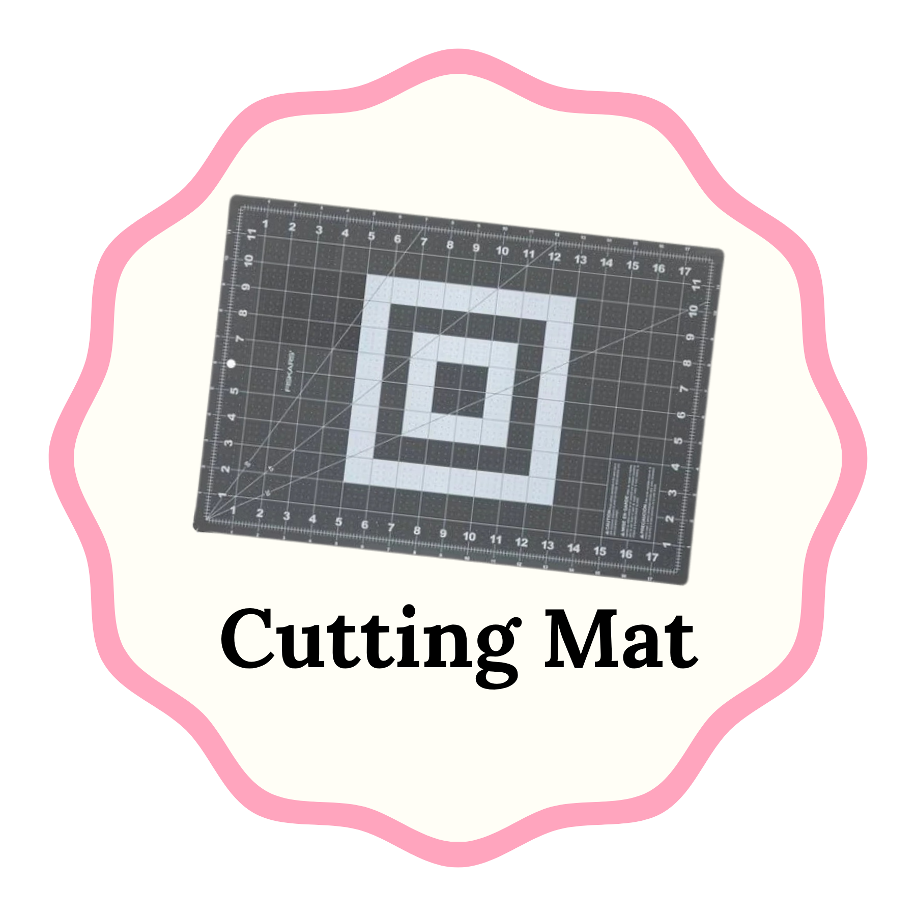 A square gray cutting mat with white grid lines and concentric square guides, shown inside a pink scalloped badge with the text 'Cutting Mat' on a white background.