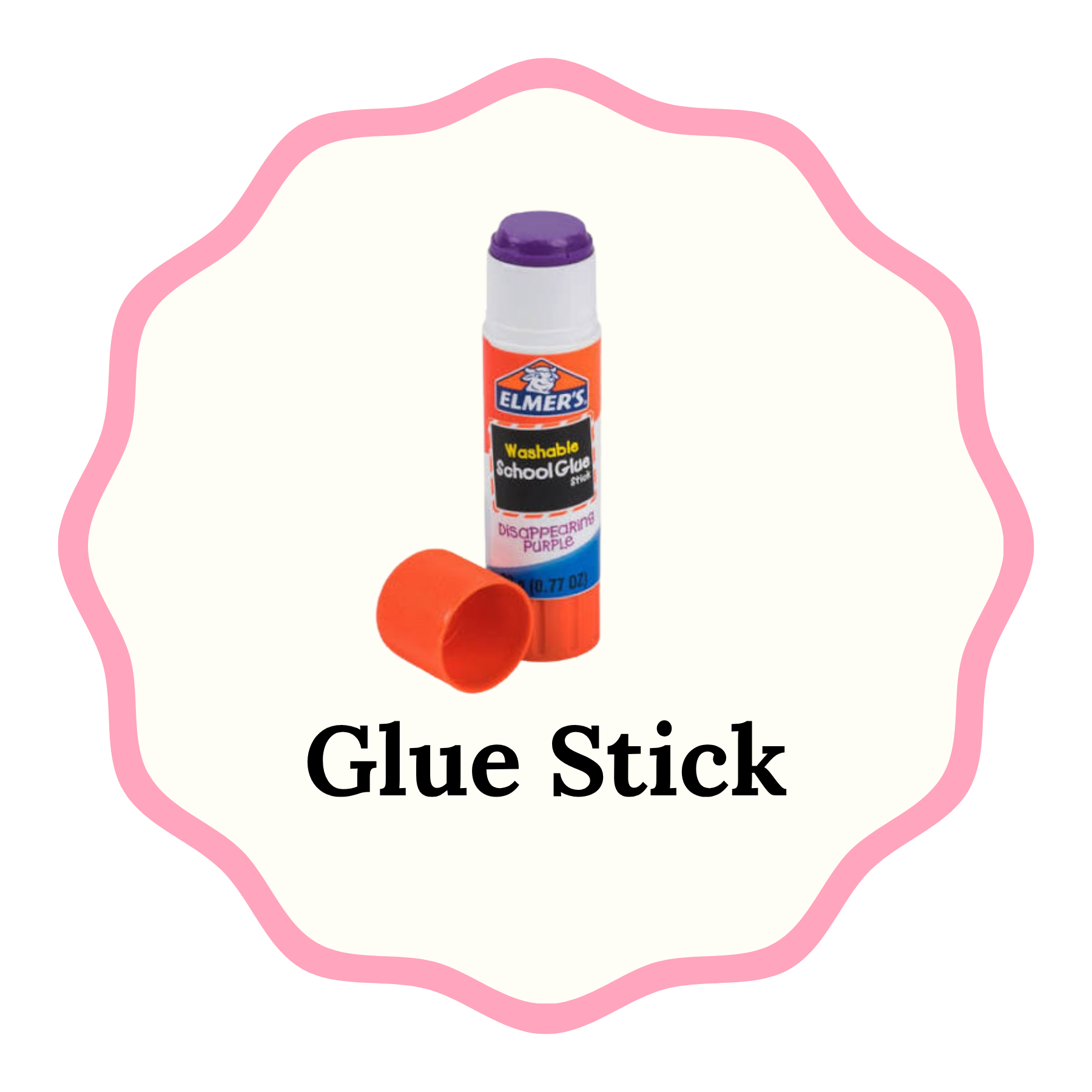 Elmer's Washable School Glue stick with its cap removed, displayed inside a pink scalloped frame on a cream background with the text 'Glue Stick' below.