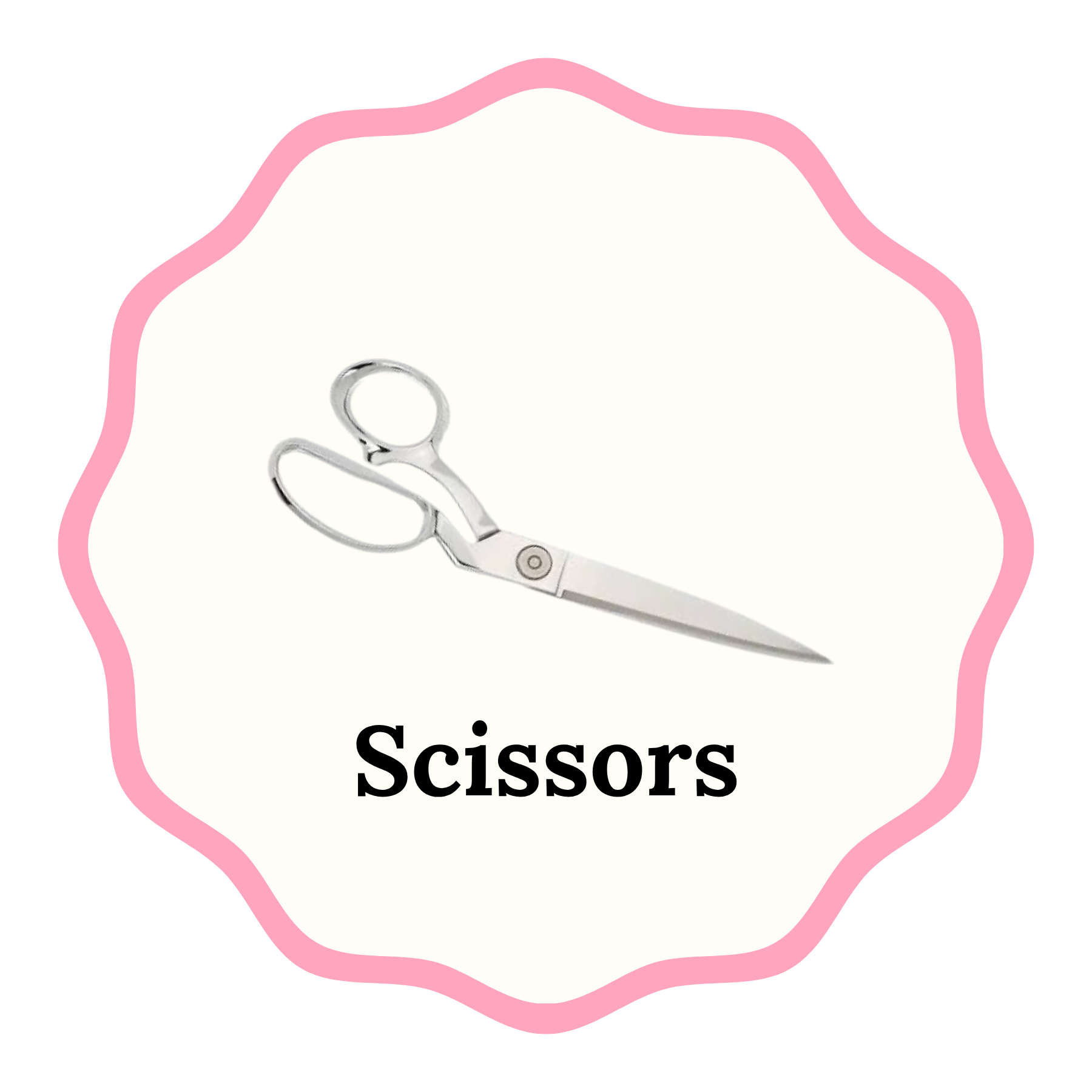 A pair of silver metal scissors centered inside a scalloped pink circular frame with the word 'Scissors' printed below in black text on a white background.